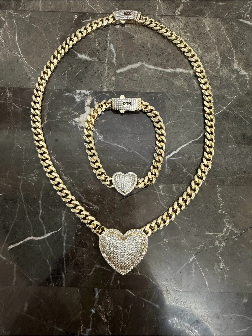14K Gold Plated Cuban Link Heart Necklace and Bracelet with Cubic Zirconia Stone